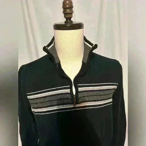 John Ashford Knit 1/4 Zip Sweater Sz  Large Black Gray Stripe Men's Pullover. - Picture 2 of 7